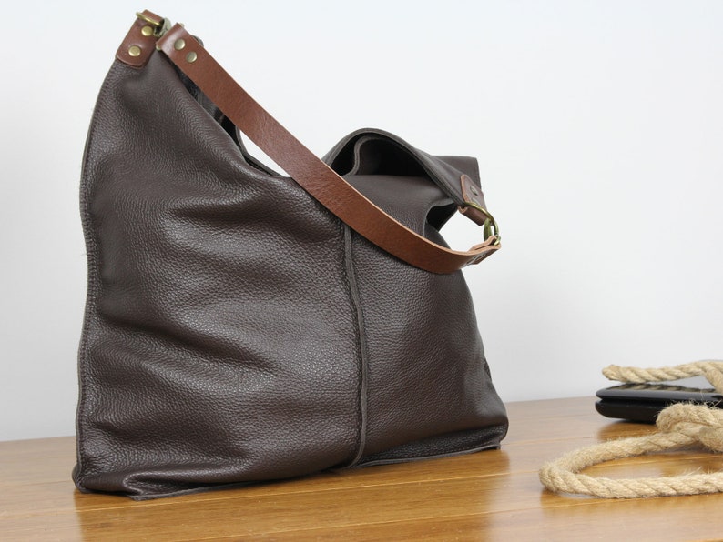 Dark Brown Leather Hobo Bag With Zipper Everyday shoulder bag limited edition image 5