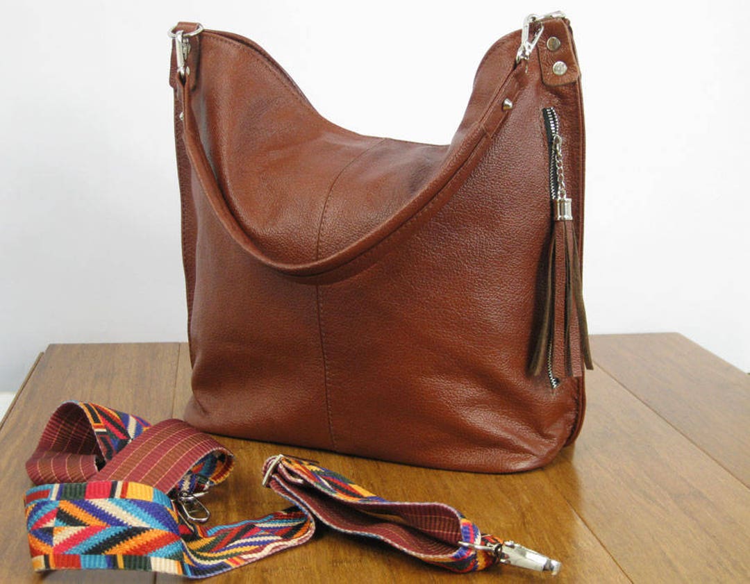 Leather Purse Brown Hobo Bag With Zipper and Aztec Strap - Etsy