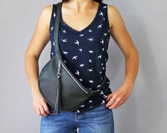 Black Leather Fanny Pack, Handmade Italian Leather Crossbody Bag