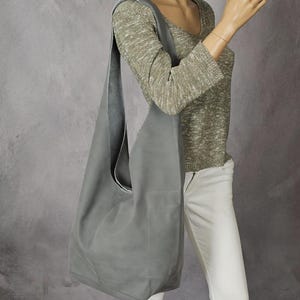 Dark gray leather hippie bag, Crossbody boho bag with comfortable strap, Boho slouch bag, Oversized handbag, Hippie slouchy purse for girl