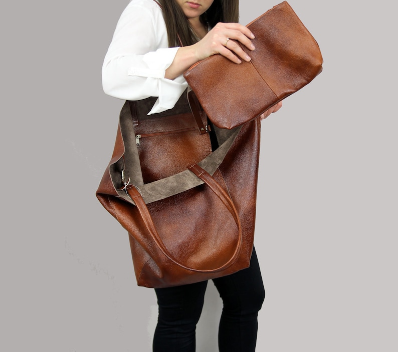 Cognac Brown Large Leather Bag Brown Oversized Bag Everyday Etsy