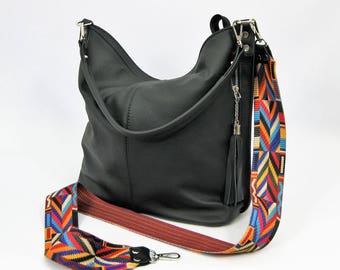 Black Hobo Bag,  Black Leather Handbag, Everyday Crossbody Bag, aztec strap Leather hobo bag, gift for her