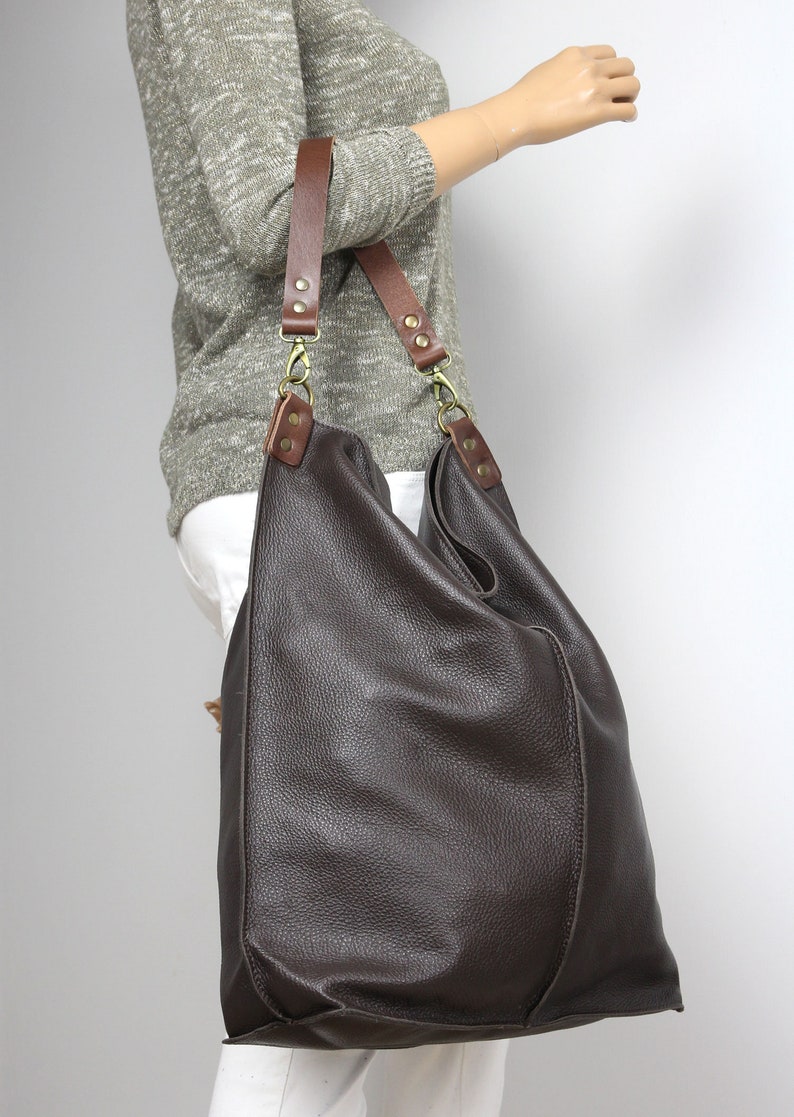 Dark Brown Leather Hobo Bag With Zipper Everyday shoulder bag limited edition image 6