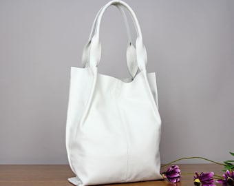 Bolsa de compras em couro branco – Bolsa tote artesanal em couro de grão integral