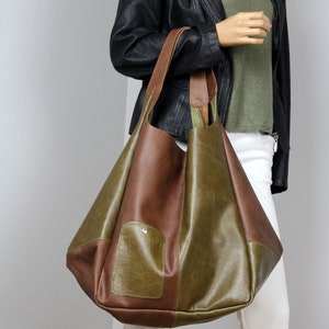 Large leather handbag Oversize style shopper bag, Green and brown oversized shoulder bag, Large shopper tote, Large leather tote