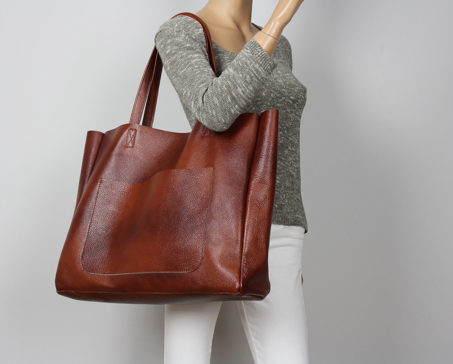 Large Leather Brown Tote Cognac Brown Handbag for Women Soft Etsy