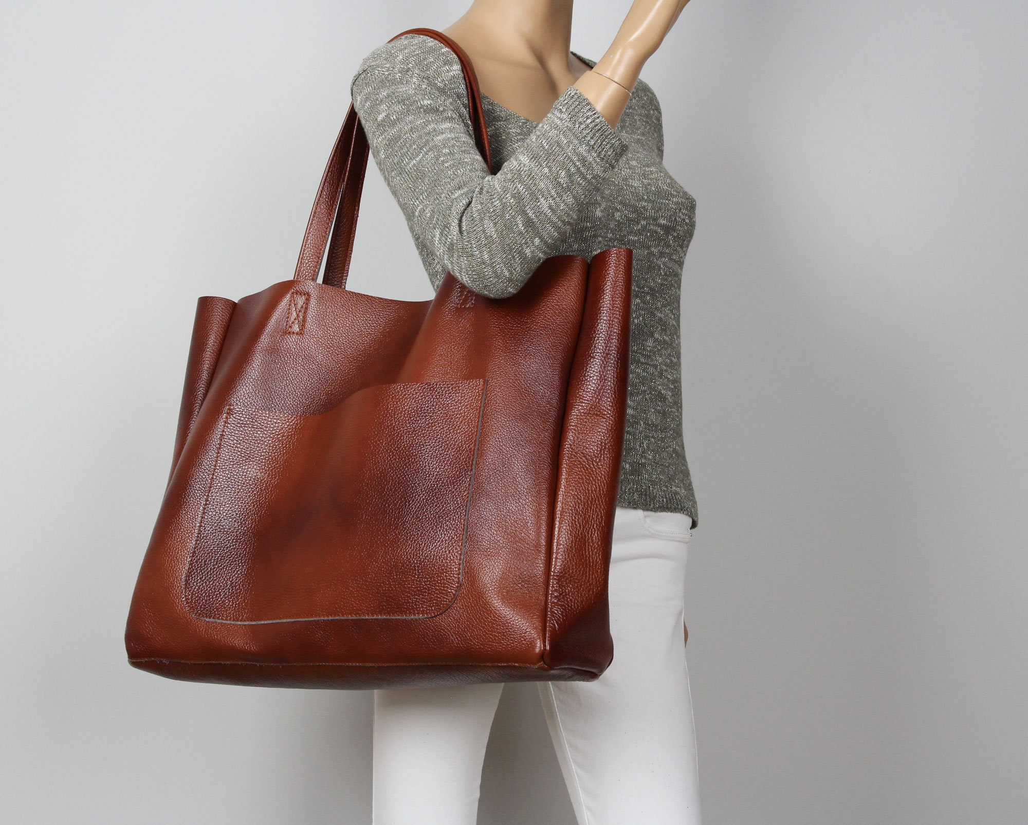 Large Leather Brown Tote Cognac Brown Handbag for Women Soft - Etsy