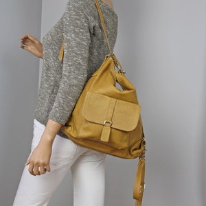 Sac à dos convertible moutarde, sac à dos, sac de tous les jours, sac à dos en cuir jaune, sac à dos en cuir, sac à dos pour femme