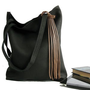 Tall leather tote, Black leather purse, Leather tote bag with tasell, Black leather tote, Soft grain leather bag, Women  everyday handbag