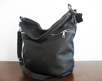 Black Leather Hobo Bag, Convertible Crossbody, Everyday Shoulder Bag