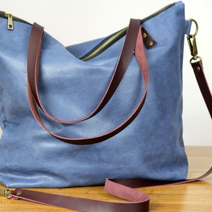 Leichte Alltags-Einkaufstasche, Große Leder Crossbody-Handtasche, Handgemachte Blaue Große Ledertasche, Ledertasche für Frauen, Große Ledertasche