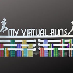 May include: A silver metal medal display rack with the words "My Virtual Runs" and two running figures. The rack has five rows for medals and is decorated with colorful ribbons.