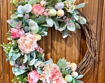 Floral Easter Wreath, Pastel Eggs, Lambs Ear, Spring Door Decor