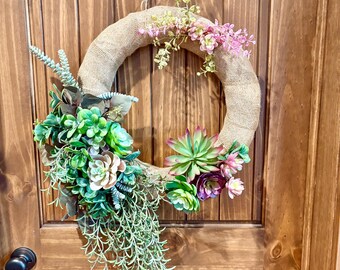 Succulent Door Wreath, Faux Succulent Wreath, Year Round Wreath, Door Wreath, Succulents, Natural Look Wreath, Gift Idea, Garden Decor