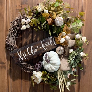 Neutral Fall Wreath, Fall Door Wreath, White Pumpkin Wreath, Autumn Wreath, Welcome Door Wreath, Neutral Wreath, Gift Idea, Removable Sign