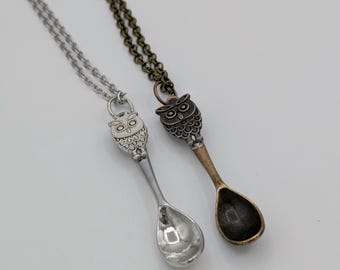 Owl Jewelry Small Spoon Necklace - Bronze or Silver Bird Necklace