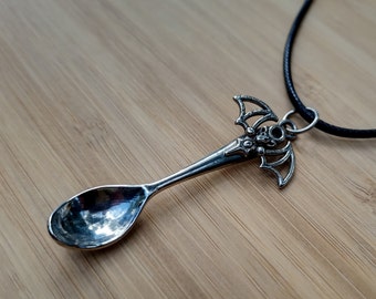 Mini Spoon Bat Necklace, Spooky Jewelry, Halloween Accessory