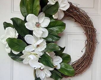 Simple Magnolia Flower, Magnolia Leaves, Farmhouse Front Door Wreath