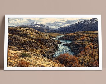 Confluencia Rio Baker y Rio Nef, Chile Patagonia Landscape, Carretera Austral, Woodcut Photo Art
