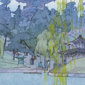 May include: A watercolor painting depicting a Japanese garden scene with a pond, weeping willow trees, and a pagoda in the background. The painting features a muted color palette of blues, greens, and grays.