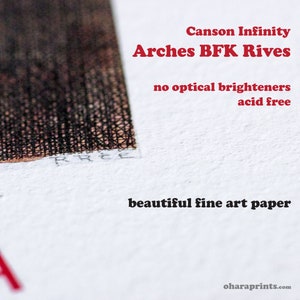 May include: Close-up of a white textured paper surface with the text "Canson Infinity Arches BFK Rives no optical brighteners acid free beautiful fine art paper oharaprints.com" printed in red.