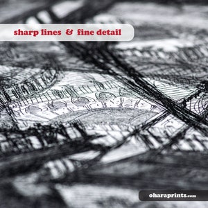 May include: Close-up of a black and white ink drawing with sharp lines and fine detail. The drawing depicts a complex, intricate pattern of overlapping lines and shapes.
