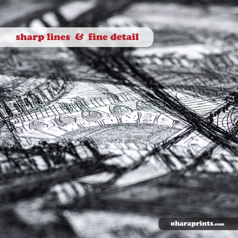 May include: Close-up of a black and white ink drawing with sharp lines and fine detail. The drawing depicts a complex, intricate pattern of overlapping lines and shapes.