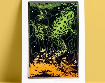 JULIE DE GRAAG - Swimming Frog / Zwemmende Kikker - Aquatic - Fine Art Giclée Print - Woodcut - 100% Cotton Rag - Archival, Museum Grade