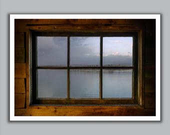 Okarito Boat House Window, Fine Art Giclee Print, Aotearoa New Zealand, Moody Coastal Photography