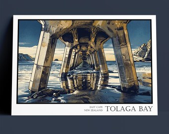 Tolaga Bay East Cape New Zealand Travel, Lithograph Style Giclee Print