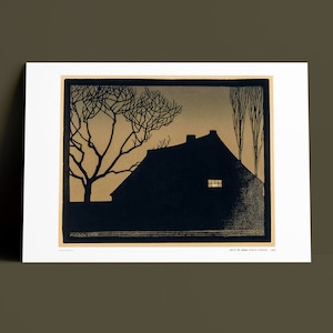 JULIE DE GRAAG - Winteravond 1919 - houtgravure, Nederlandse boerderij, schemering, Nederlandse boerderij - Fine Art Gicléeprint - Katoenen lap - Archiefbeeld, museumkwaliteit