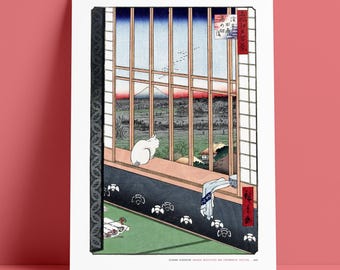Hiroshige Cat Art Print - Asakusa Ricefields, Japanese Archival Giclée on Cotton Rag