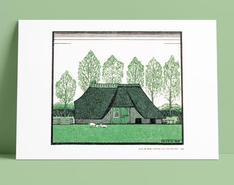 Julie de Graag Woodcut Print - Dutch Farmhouse, Thatched Roof, Archival Museum Quality