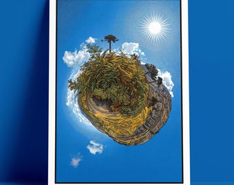 Conguillio Tiny Planet Chile, Archival Giclee Print, Woodcut Style Photo Art