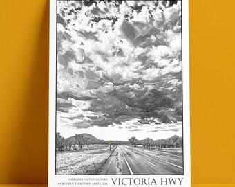 Victoria Highway Northern Territory Australia, Archival Travel Print, Woodcut Style Photo Art