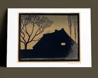 Julie De Graag Winter Evening Archival Print, Dutch Farmhouse Wood Engraving