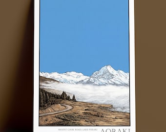 Aoraki Morning Mist, Mt Cook New Zealand, Archival Giclee Print, Woodcut Style Photo Art