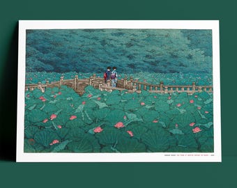 川瀬巴水作「芝弁天池」、木版画、ジクレー、版画、文化芸術、水庭