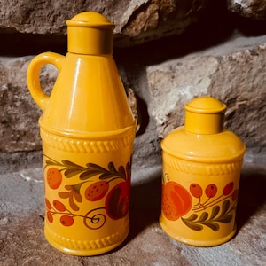Vintage Avon Bottles, 1970s Harvest Gold Decor, Pennsylvania Dutch Sonnet and Patchwork Bottles, Vintage Cosmetics, Vintage Avon