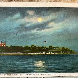 Cartão postal antigo, 1922, Plant Estate By Moonlight, Groton Conn., Cena noturna, Cartão postal de 1 centavo de Washington, Selos vintage, Victoriana