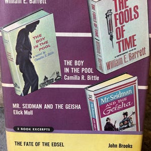 Pode incluir: Uma capa de livro com fundo roxo e o título "The Fools of Time" de William E. Barrett. A capa apresenta uma seringa e um excerto do livro "The Boy in the Pool" de Camilla R. Bittle.
