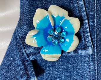 Blue Flower Pin - Aqua Brooch - Enamel Pins - Blue Pins - Floral Jewelry -Vintage Pins - Trendy Jewelry - Big Brooches - Estate Jewelry