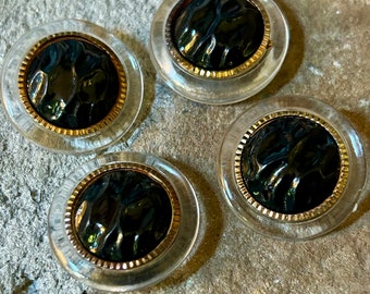 Gros boutons vintage en plastique, lot de 4, noir et or, couture des années 1950, couture milieu du siècle, boutons vintage