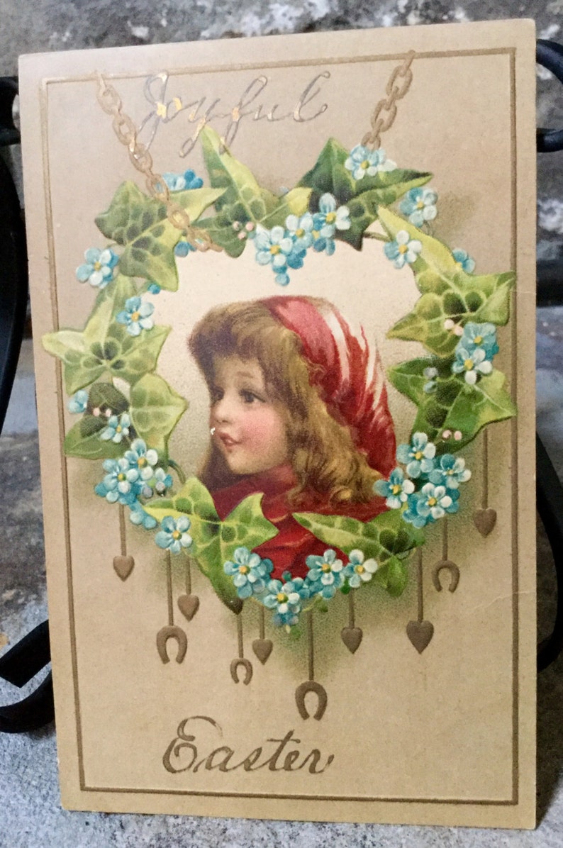 Vintage Easter Postcard  Embossed Postcards   Hearts & image 1