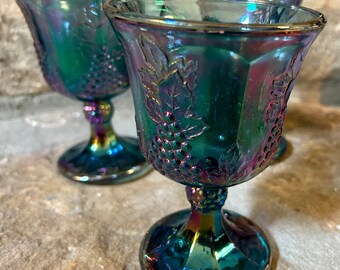 Vintage 1970s Indiana Glass Goblets, Iridescent Aqua Purple Grape Glasses, Set of 3, Wedding Gifts