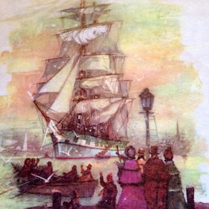 Tarjeta de Navidad vintage, tarjetas de pergamino, 1955 barco de vela, puerto, victoriano, sobre original, estatua de la libertad sello, sellos de Navidad