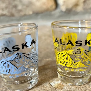 Vintage Shot Glasses, Set of Two Shot Glasses, Alaska Shot Glasses, Mt. McKinley Shot Glasses, Vintage Bar, Barware
