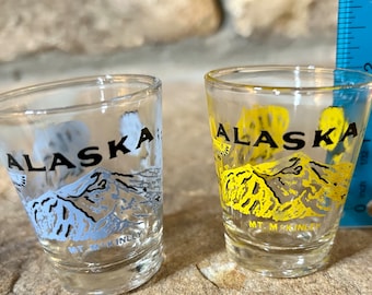 Vintage Shot Glasses, Set of Two Shot Glasses, Alaska Shot Glasses, Mt. McKinley Shot Glasses, Vintage Bar, Barware