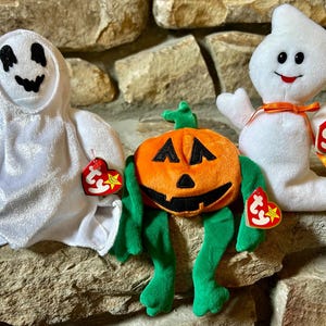 Vintage Halloween Beanie Babies, 1990s, “Spooky” Ghost, “Sheets” and “Pumkin”, Set of Three, 1990s Halloween Toys Decor, Vintage Stuffed Toy