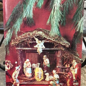 Cartões de Natal vintage, cartões de meados do século, linha Sunshine, foto litográfica, natividade, envelope original de 1960, selo postal da Estátua da Liberdade